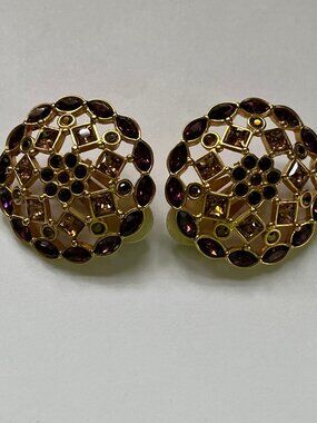 Vintage Signed Jeweled SWAROVSKI Clip Back Earrings Topaz Amethyst Stone Cluster